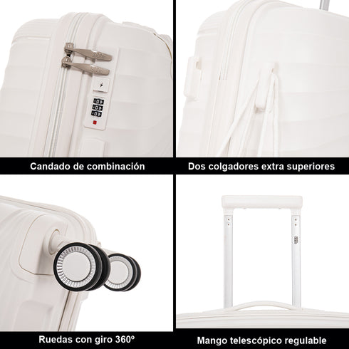 Maleta de cabina 55x39x21.5 cm (46L) Polipropileno - Candado Incrustado - 20 Pulgadas - Blanco - Chocolate