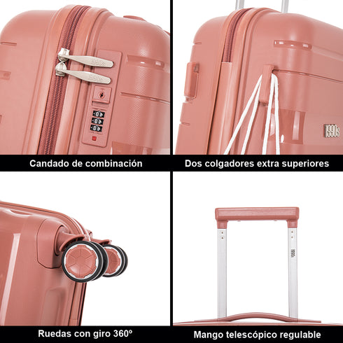 Maleta de cabina 55x38x22 cm (44L) Polipropileno - Candado Incrustado - 20 Pulgadas - Rosa dorado - Bass