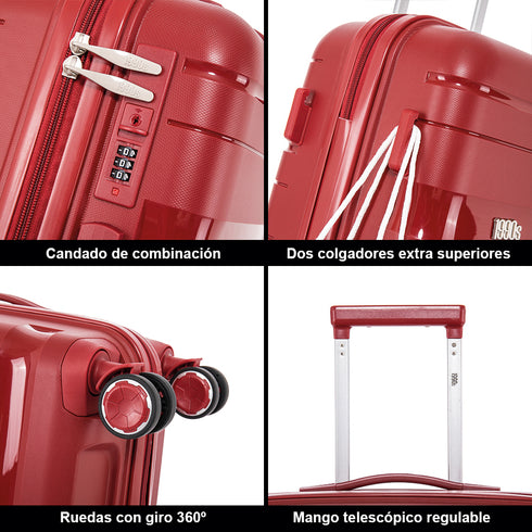 Juego de maletas PP Rígida 3 piezas|Maleta Cabina 55cm|Maleta Mediana 65cm Expandible |Maleta Grande 75cm Expandible |Bass Rojo