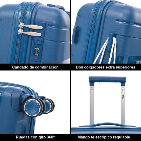 Juego de maletas PP Rígida 3 piezas|Maleta Cabina 55cm|Maleta Mediana 65cm Expandible |Maleta Grande 75cm Expandible |Bass Azul