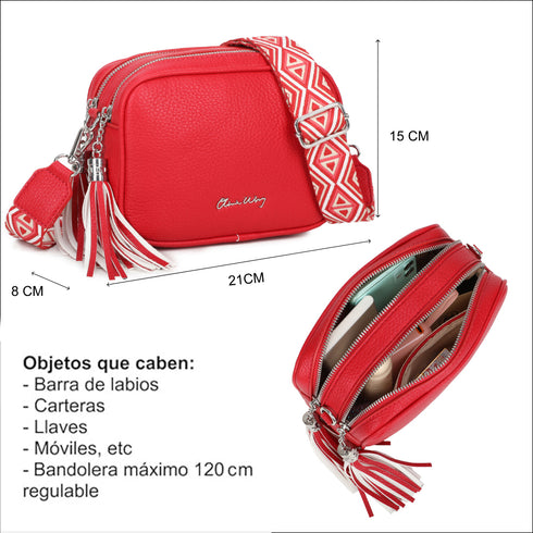 Bolso bandolera mujer pequeño de cuero PU dos compartimentos y dos bandoleras, bolso mensajero para cruzar polipiel regalo original para mujer - Rojo