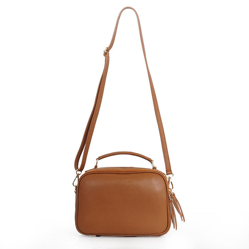 Bolso de bandolera de piel con asa de mano doble cremallera Marrón Elsa