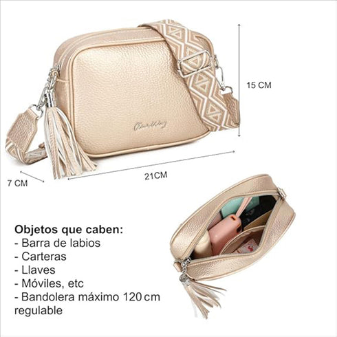 Bolso bandolera mujer pequeño de cuero PU con dos bandoleras bolso mensajero para cruzar PU - Dorado