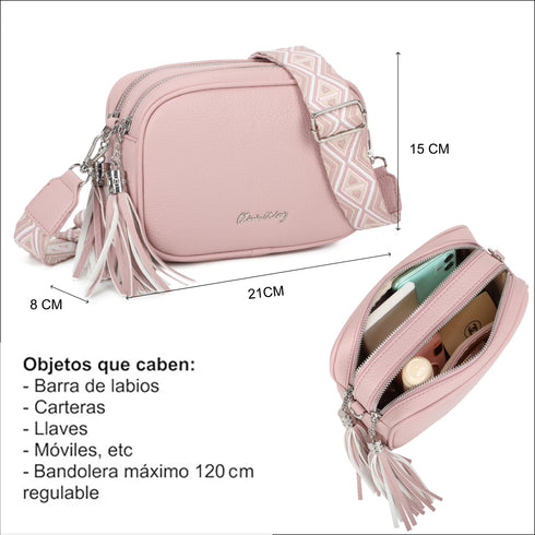 Bolso bandolera mujer pequeño de cuero PU dos compartimentos y dos bandoleras, bolso mensajero para cruzar polipiel regalo original para mujer - Rosa
