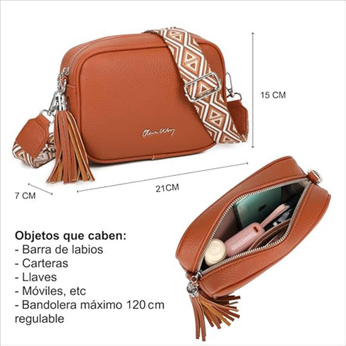 Bolso bandolera mujer pequeño de cuero PU con dos bandoleras bolso mensajero para cruzar PU - Marrón