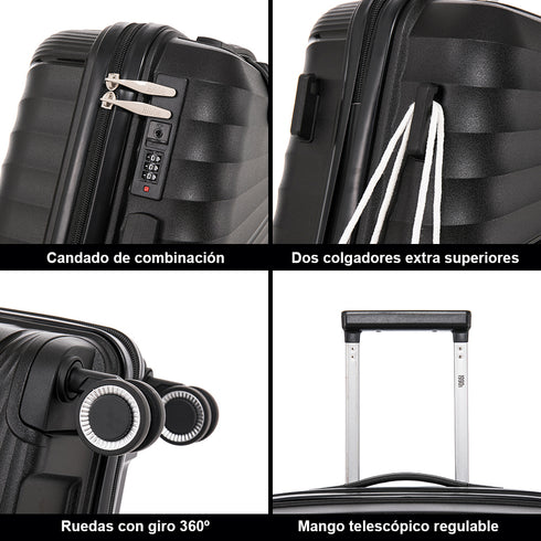 Juego de maletas PP Rígida 3 piezas|Maleta Cabina 55cm|Maleta Mediana 65cm Expandible |Maleta Grande 75cm Expandible |Choco Negro