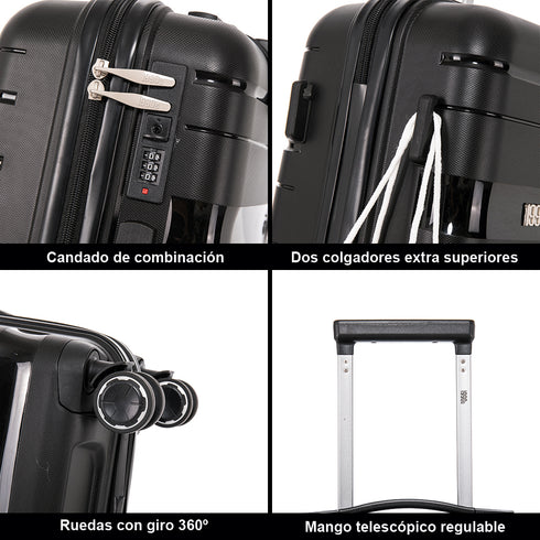 Maleta de cabina 55x38x22 cm (44L) Polipropileno - Candado Incrustado - 20 Pulgadas - Negro - Bass