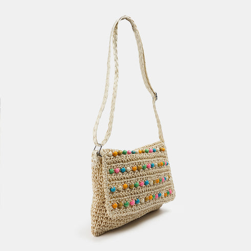 Bolso bandolera de rafia con bolitas para mujer beige Nadia