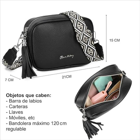 Bolso bandolera mujer pequeño de cuero PU con dos bandoleras bolso mensajero para cruzar PU - Negro