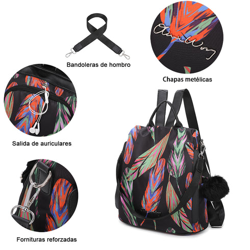 Mochila antirrobo Impermeable para mujer (14.80L) | Mochila Convertible en bolso con pompón y asa desmontable de adorno Plumas
