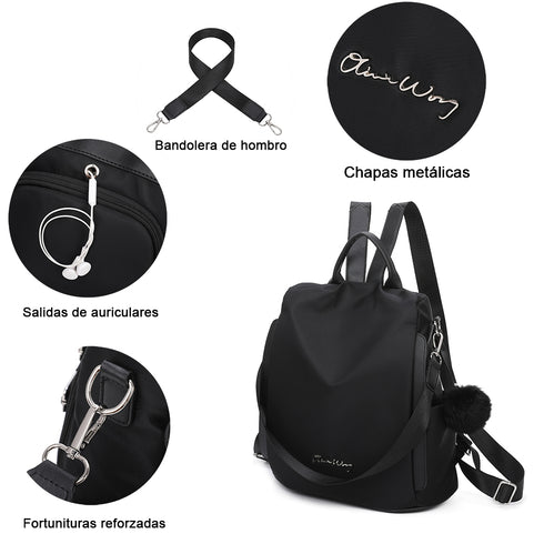 Mochila antirrobo Impermeable para mujer (14.80L) | Mochila Convertible en bolso con pompón y asa desmontable de adorno Negro
