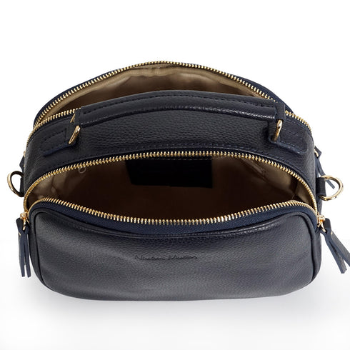 Bolso de bandolera de piel con asa de mano doble cremallera Azul marino Elsa