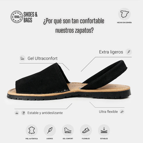 Menorquinas de piel para mujer negro serraje Adara