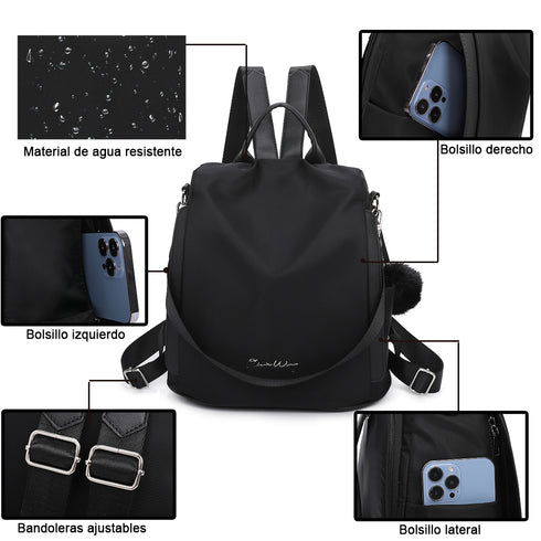 Mochila antirrobo Impermeable para mujer (14.80L) | Mochila Convertible en bolso con pompón y asa desmontable de adorno Negro
