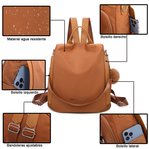 Mochila antirrobo Impermeable para mujer (14.80L) | Mochila Convertible en bolso con pompón y asa desmontable de adorno Marrón