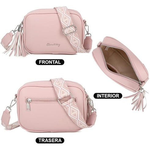 Bolso bandolera mujer pequeño de cuero PU con dos bandoleras bolso mensajero para cruzar PU - Rosa