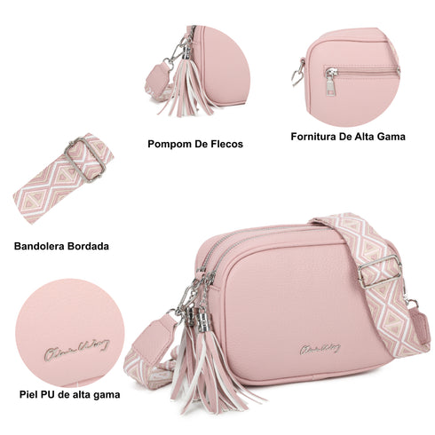 Bolso bandolera mujer pequeño de cuero PU dos compartimentos y dos bandoleras, bolso mensajero para cruzar polipiel regalo original para mujer - Rosa