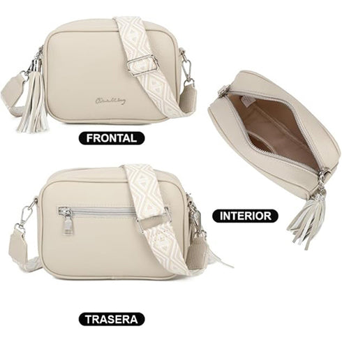 Bolso bandolera mujer pequeño de cuero PU con dos bandoleras bolso mensajero para cruzar PU - Beige