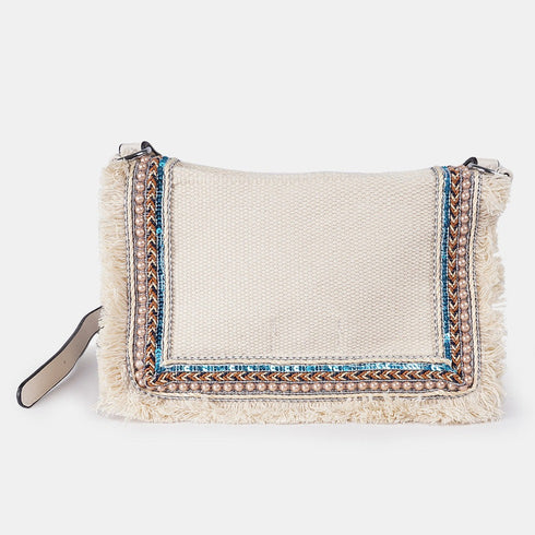 Bolso de bandolera para mujer de lona étnica beige Asya