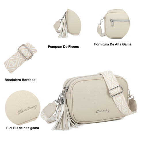 Bolso bandolera mujer pequeño de cuero PU dos compartimentos y dos bandoleras, bolso mensajero para cruzar polipiel regalo original para mujer - Beige