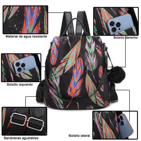 Mochila antirrobo Impermeable para mujer (14.80L) | Mochila Convertible en bolso con pompón y asa desmontable de adorno Plumas