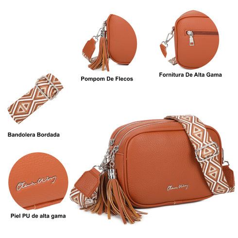 Bolso bandolera mujer pequeño de cuero PU dos compartimentos y dos bandoleras, bolso mensajero para cruzar polipiel regalo original para mujer - Marrón