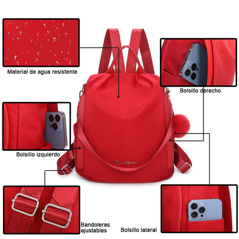 Mochila antirrobo Impermeable para mujer (14.80L) | Mochila Convertible en bolso con pompón y asa desmontable de adorno Rojo