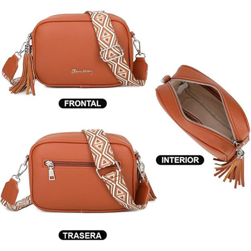 Bolso bandolera mujer pequeño de cuero PU con dos bandoleras bolso mensajero para cruzar PU - Marrón