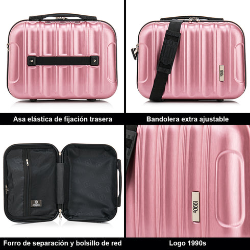 1990s Juego de Maletas Policarbonato Rígida 3 Piezas|Maleta Cabina 55cm|Maleta Mediana 68cm|Neceser 29cm|RosaDorado