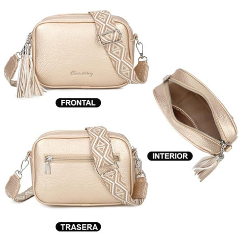 Bolso bandolera mujer pequeño de cuero PU con dos bandoleras bolso mensajero para cruzar PU - Dorado