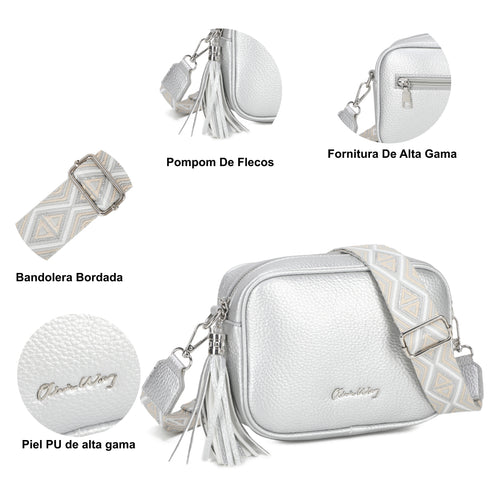 Bolso bandolera mujer pequeño de cuero PU dos compartimentos y dos bandoleras, bolso mensajero para cruzar polipiel regalo original para mujer - Plata