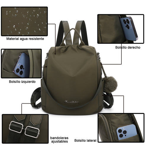 Mochila antirrobo Impermeable para mujer (14.80L) | Mochila Convertible en bolso con pompón y asa desmontable de adorno Verde