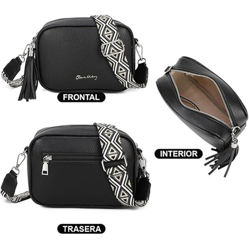 Bolso bandolera mujer pequeño de cuero PU con dos bandoleras bolso mensajero para cruzar PU - Negro