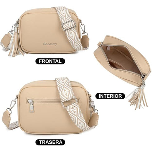 Bolso bandolera mujer pequeño de cuero PU con dos bandoleras bolso mensajero para cruzar PU - Taupe