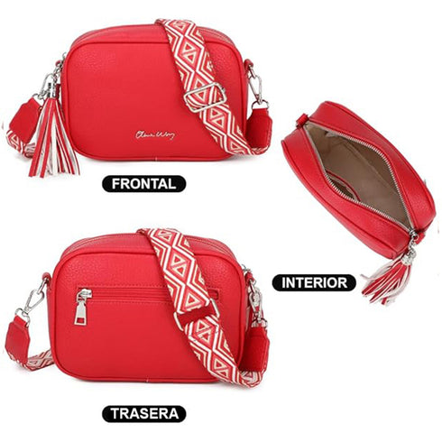 Bolso bandolera mujer pequeño de cuero PU con dos bandoleras bolso mensajero para cruzar PU - Rojo