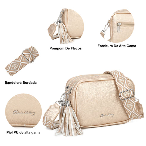Bolso bandolera mujer pequeño de cuero PU dos compartimentos y dos bandoleras, bolso mensajero para cruzar polipiel regalo original para mujer - Dorado