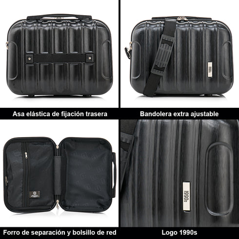 1990s Juego de Maletas Policarbonato Rígida 3 Piezas|Maleta Cabina 55cm|Maleta Mediana 68cm|Neceser 29cm|Negro