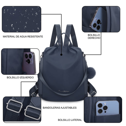 Mochila antirrobo Impermeable para mujer (14.80L) | Mochila Convertible en bolso con pompón y asa desmontable de adorno Azul Marino
