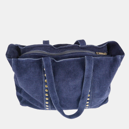 Bolso shopper para mujer de piel serraje con tachuelas azul marino Alexandra