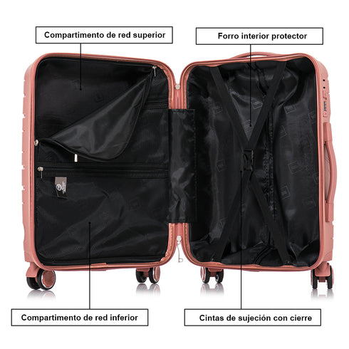 Juego de maletas PP Rígida 3 piezas|Maleta Cabina 55cm|Maleta Mediana 65cm Expandible |Maleta Grande 75cm Expandible |Bass Rosa Dorado