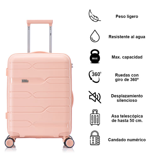 Juego de maletas PP Rígida 3 piezas|Maleta Cabina 55cm|Maleta Mediana 65cm Expandible |Maleta Grande 75cm Expandible |Bass RosaClaro