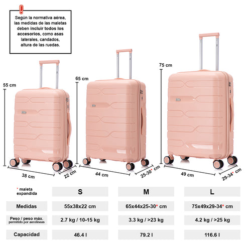 Juego de maletas PP Rígida 3 piezas|Maleta Cabina 55cm|Maleta Mediana 65cm Expandible |Maleta Grande 75cm Expandible |Bass RosaClaro