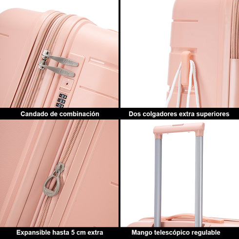 Juego de maletas PP Rígida 3 piezas|Maleta Cabina 55cm|Maleta Mediana 65cm Expandible |Maleta Grande 75cm Expandible |Bass RosaClaro