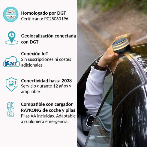 RAYKONG Baliza V16 Geolocalización DGT 3.0 | 2ª Generacion con indicadores LED | Luz Emergencia Coche - Moto Homologado por DGT | SIM y Datos Pagados hasta 2038