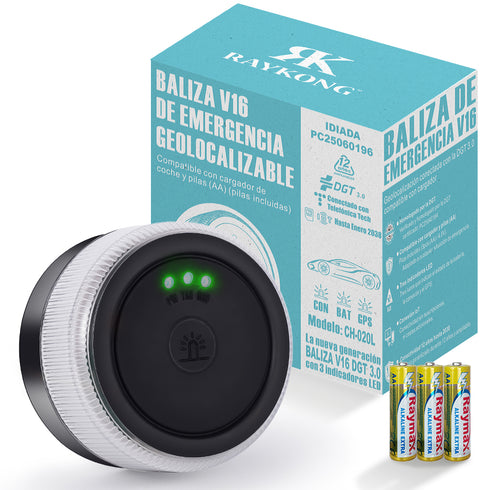 RAYKONG Baliza V16 Geolocalización DGT 3.0 | 2ª Generacion con indicadores LED | Luz Emergencia Coche - Moto Homologado por DGT | SIM y Datos Pagados hasta 2038