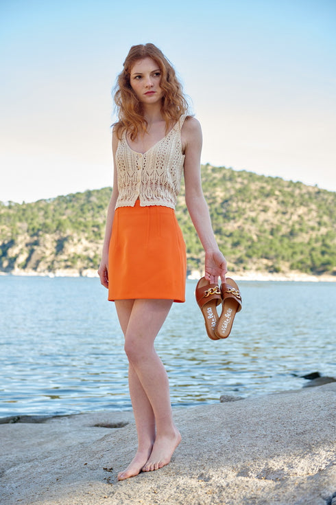 Sandalias de mujer de piel con adorno marrón cuero Charo