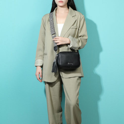 Bolso bandolera mujer pequeño de cuero PU dos compartimentos y dos bandoleras, bolso mensajero para cruzar polipiel regalo original para mujer - Negro