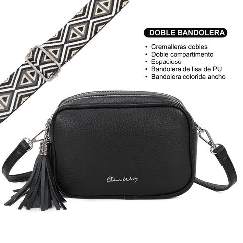 Bolso bandolera mujer pequeño de cuero PU dos compartimentos y dos bandoleras, bolso mensajero para cruzar polipiel regalo original para mujer - Negro