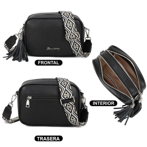Bolso bandolera mujer pequeño de cuero PU dos compartimentos y dos bandoleras, bolso mensajero para cruzar polipiel regalo original para mujer - Negro