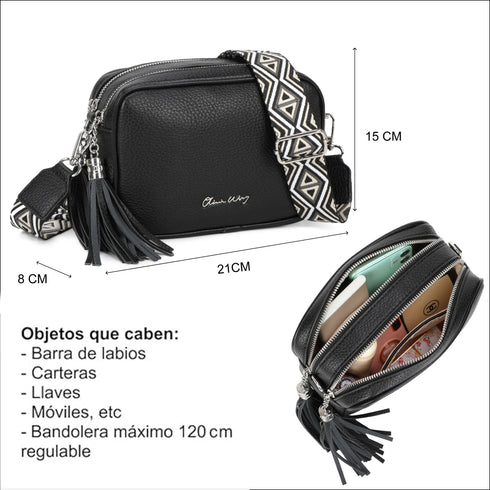 Bolso bandolera mujer pequeño de cuero PU dos compartimentos y dos bandoleras, bolso mensajero para cruzar polipiel regalo original para mujer - Negro